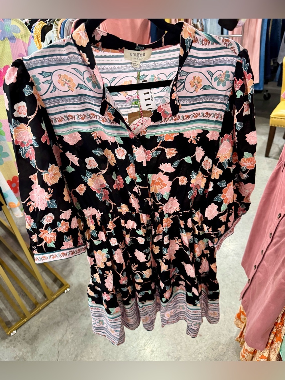 Umgee Black Floral Boho Tiered Button-Front Dress